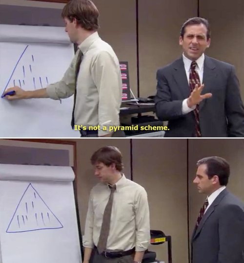 Example of The Office explaining a pyramid scheme. (c) 2006 NBC